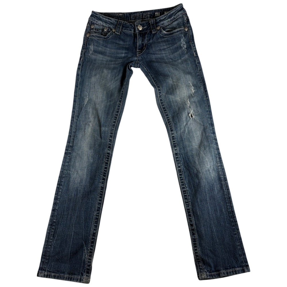 Buckle Miss Me Straight Jeans Womens 27 Blue Low Rise Flap Pockets Distressed